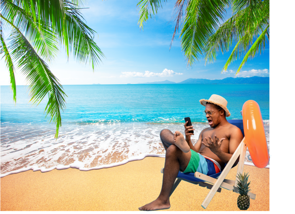 A man's frustration is palpable as he sits on a deckchair, glaring at his phone on a seemingly perfect beach. The image highlights the disconnect between reality and expectations.