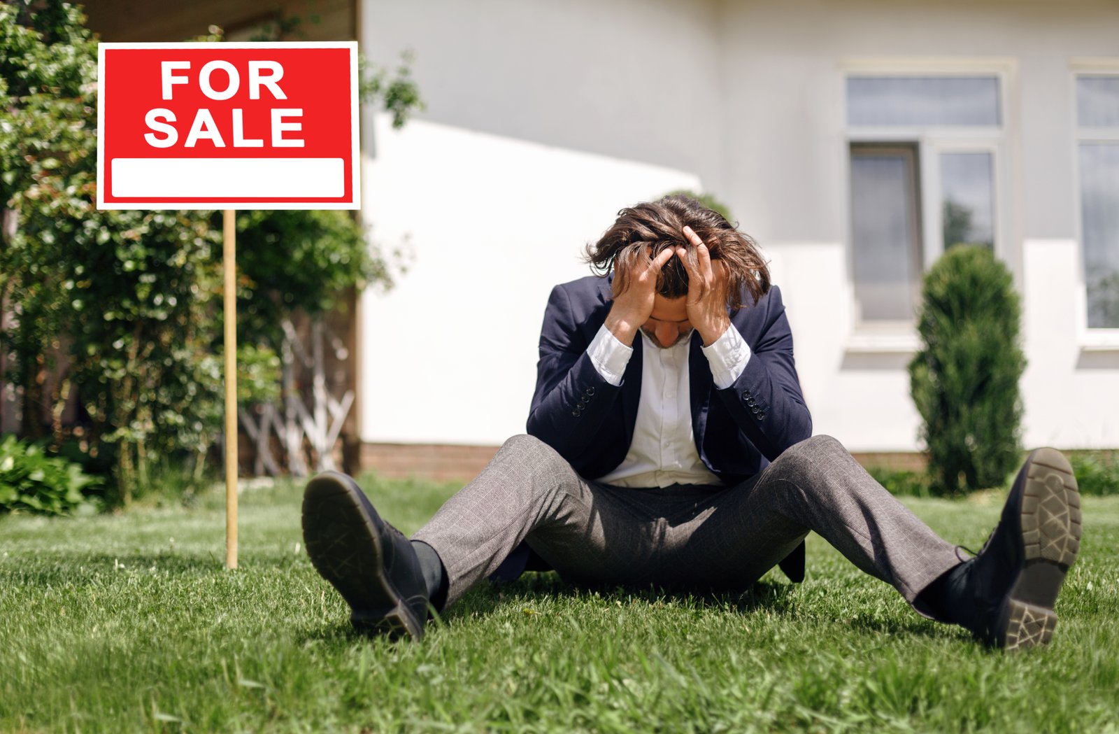 A man sits dejectedly on his lawn next to a real estate "For Sale" sign, illustrating the challenges of selling a timeshare.