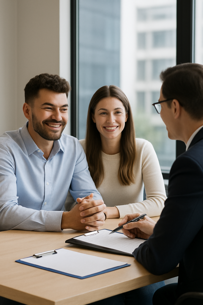 A smiling couple meets with a professional in a modern office to finalize their timeshare exit. The husband shakes hands with the advisor across a desk displaying a document labeled ‘Timeshare Cancellation.’ The image conveys trust, relief, and the beginning of a successful legal timeshare exit process.”