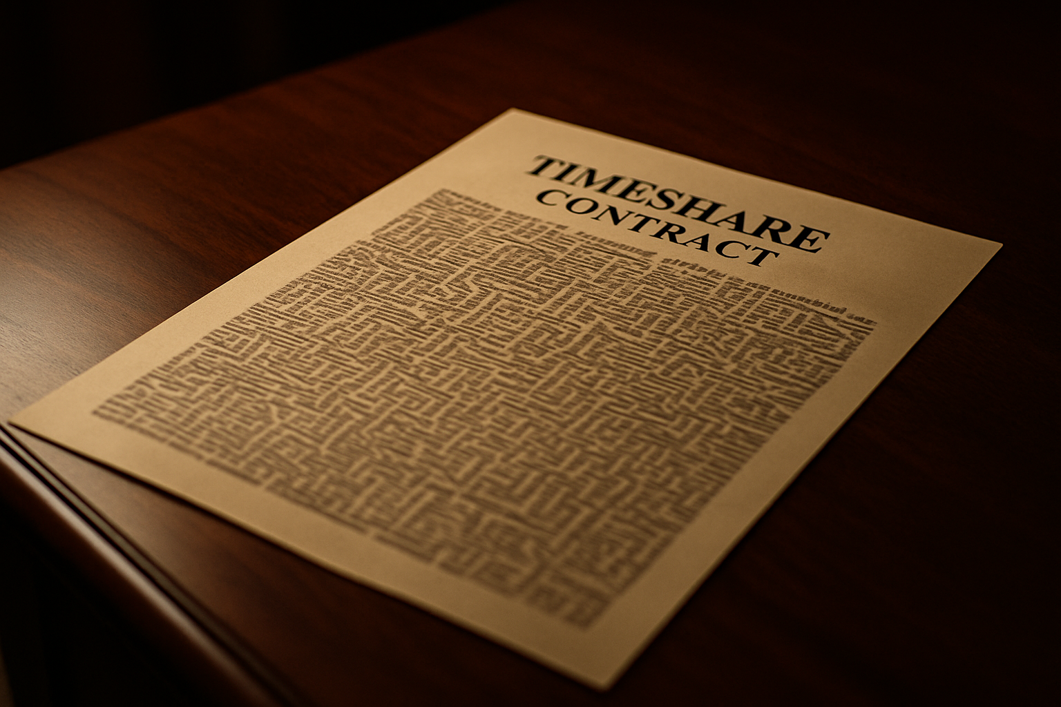 Timeshare contract covered in fine print on a polished mahogany table. The maze-like legal language reflects how confusing and overwhelming timeshare agreements can be.