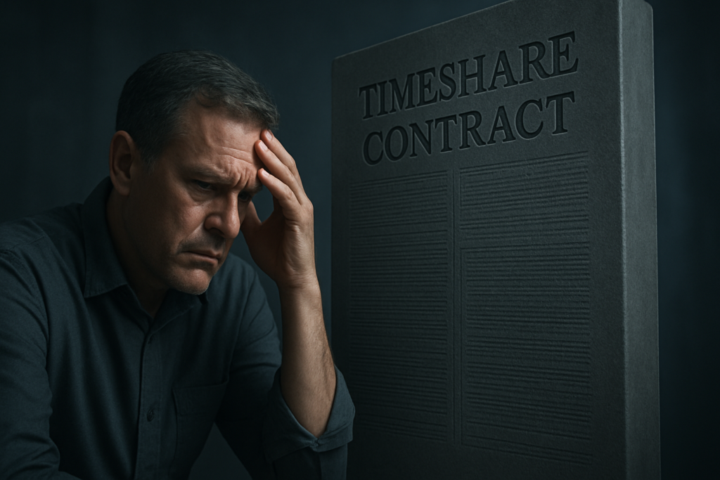 A weary man stands in front of an imposing metal slab labeled ‘TIMESHARE CONTRACT,’ highlighting the overwhelming nature of legal timeshare obligations.