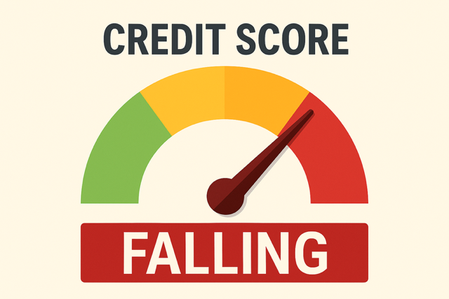 Red gauge graphic reading “Credit Score Falling.” Visual warning of the financial risk of using the wrong timeshare exit methods.