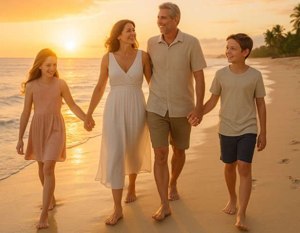 Smiling family walking on the beach at sunset, representing freedom, peace of mind, and financial relief after a safe timeshare exit without credit harm.
