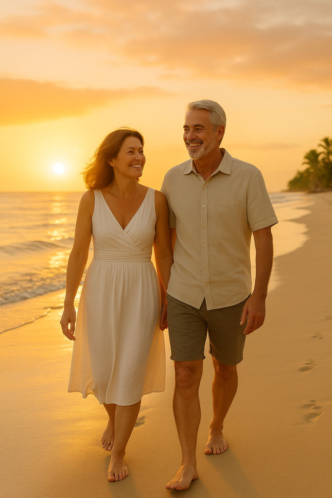 Smiling middle-aged couple walking hand-in-hand along a beach at sunset, looking relaxed and carefree. The warm golden light reflects on the water, symbolizing peace of mind and freedom after a timeshare exit.
