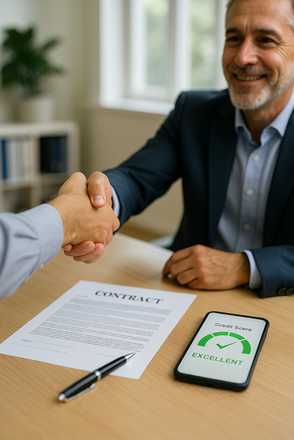 Smiling man in a suit shaking hands with a professional advisor, with a contract and a smartphone displaying “Excellent Credit Score.” Representing safe, legal timeshare cancellation.