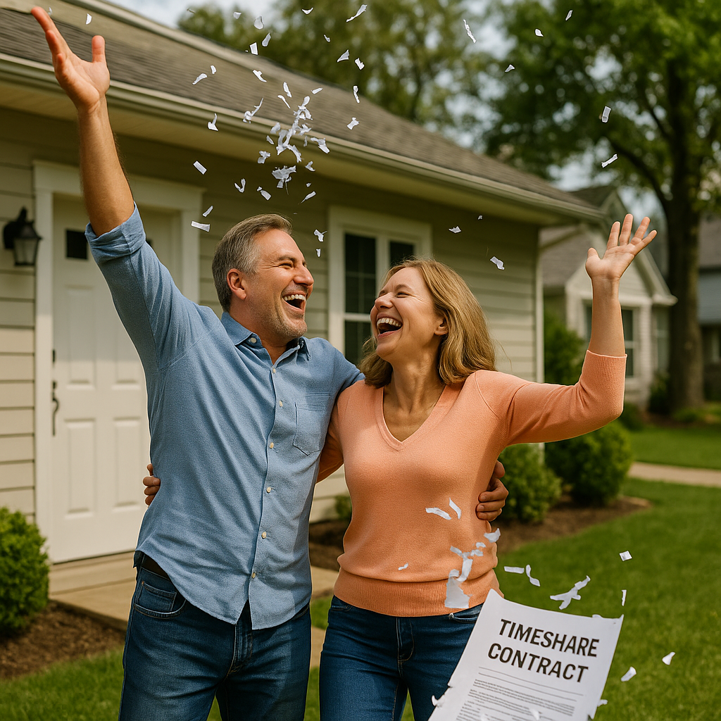 A happy suburban couple dances in front of their home while tossing shredded pieces of a “Timeshare Contract” into the air.