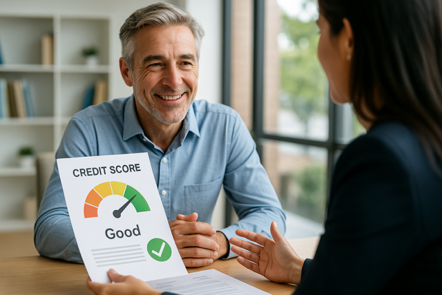Middle-aged man smiling during a financial consultation, with a credit score report showing “Good.” Symbolizing safe timeshare exit without credit damage.