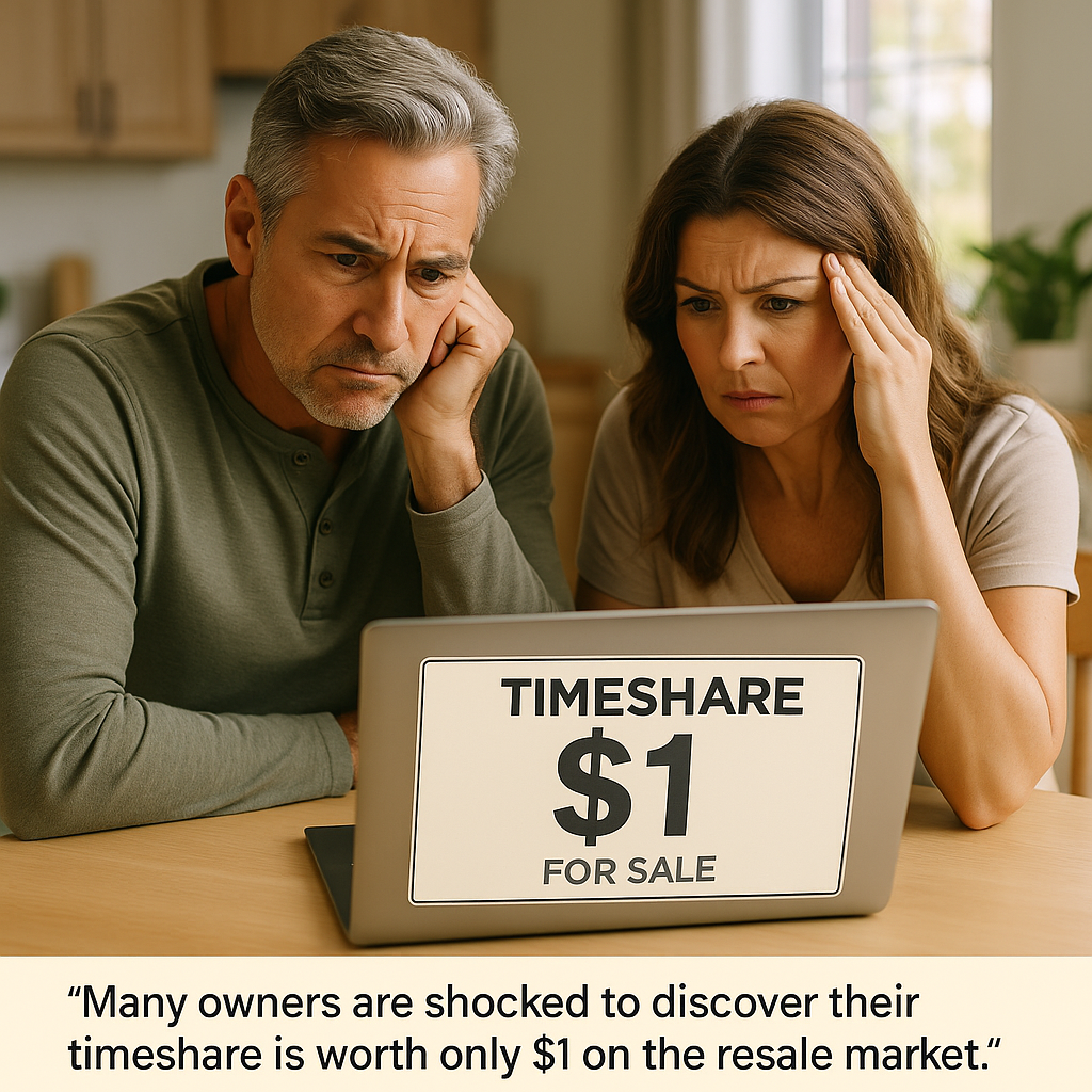 Frustrated middle-aged couple sitting at their kitchen table, staring at a laptop screen showing a timeshare listed for $1. Symbolizes the shock of discovering the resale market has little to no value.