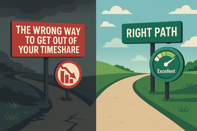 Illustration of two roads: one labeled “The Wrong Way to Get Out of Your Timeshare” with a falling credit icon, and another labeled “Right Path” with an excellent credit gauge.