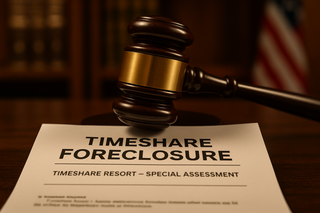 A wooden gavel rests on a legal document labeled “Timeshare Foreclosure,” with the words “Timeshare Resort – Special Assessment” printed beneath.