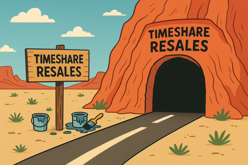 Cartoon-style desert road leading straight into a mountain where a fake tunnel is painted on the rock wall. A wooden sign reads “Timeshare Resales,” with paint cans and a brush nearby. Symbolizing that the resale market is only an illusion and a dead end for most owners.