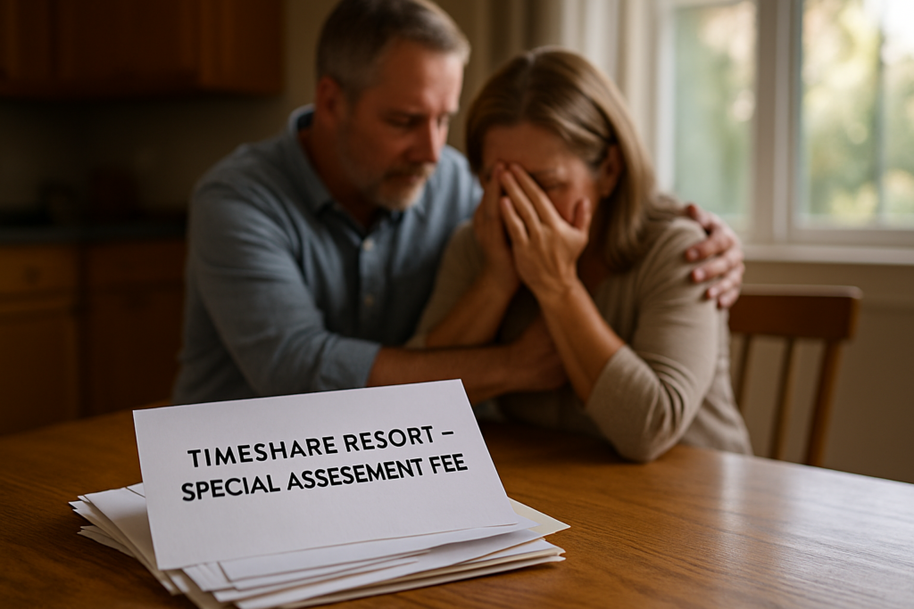 A letter labeled “Timeshare Resort – Special Assessment Fee” sits on a stack of bills on a kitchen table, while a distressed couple embraces in the background.