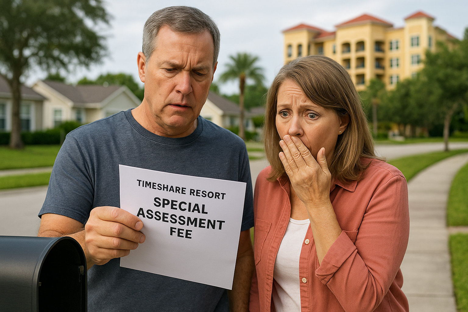 Middle-aged suburban couple looking distressed as they open a letter at their mailbox labeled “Timeshare Resort – Special Assessment Fee,” with a luxury resort visible in the background.