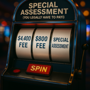 A slot machine labeled “Special Assessment (You legally have to pay!)” with reels showing fees of $4,400, $800, and $1,300, symbolizing the unpredictable costs of timeshares.