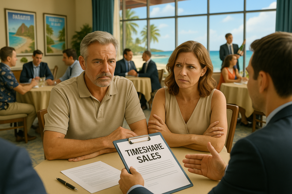 Photo-realistic image of a lively timeshare salesroom with several round tables, each with a couple in vacation attire meeting a business-dressed salesperson. Large windows reveal a Caribbean beach outside, with posters of exotic destinations on the walls and champagne popping in the background. Symbolizes the psychological excitement used to sell timeshares.