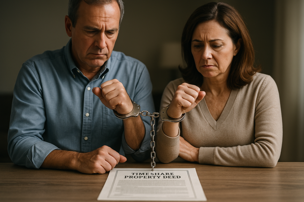 A middle-aged couple sits at a table with their wrists handcuffed, the chain connected to a document labeled “Timeshare Property Deed,” symbolizing the legal bondage of deeded timeshare ownership.