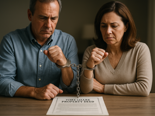 A middle-aged couple sits at a table with their wrists handcuffed, the chain connected to a document labeled “Timeshare Property Deed,” symbolizing the legal bondage of deeded timeshare ownership.