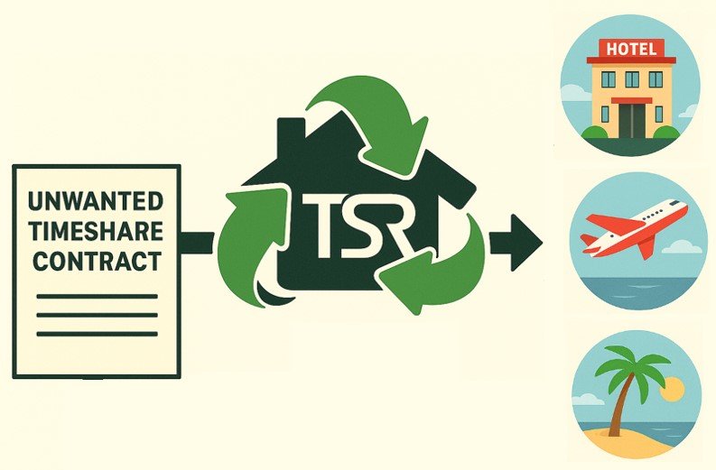 Flat digital illustration showing a visual flow from an “Unwanted Timeshare Contract” to the Timeshare Recyclers logo, and then to travel icons representing a hotel, airplane, and beach. The image symbolizes recycling unwanted timeshares into flexible travel opportunities.