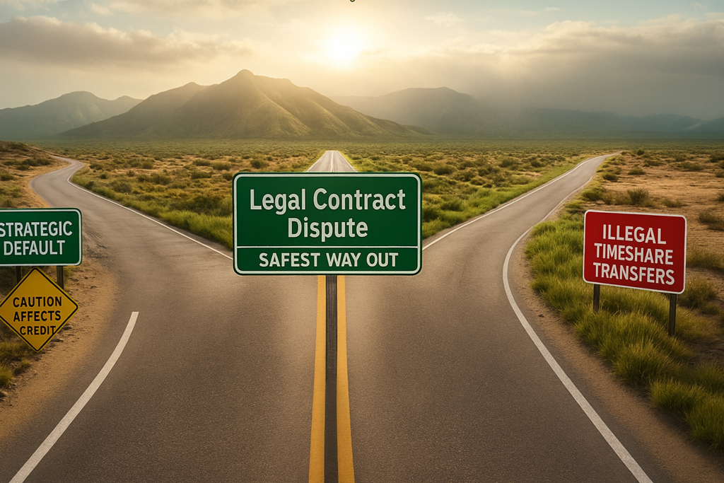 A desert road splits into three paths with road signs indicating “Strategic Default,” “Illegal Timeshare Transfers,” and “Legal Contract Dispute – Safest Way Out.” The center road leads toward green mountains and healthy grass, symbolizing the safest and most hopeful exit option.