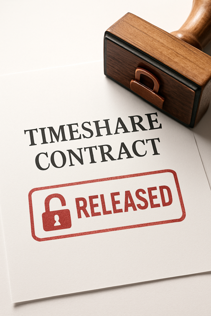 A close-up of a timeshare contract stamped with a bold red “RELEASED” mark featuring an open padlock symbol, representing a completed and legally successful exit.