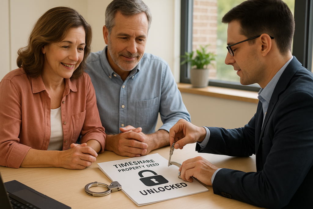 A middle-aged couple meets with a professional in a bright, modern office as he unlocks a symbolic restraint from a Timeshare Property Deed stamped with an open padlock and the word “UNLOCKED,” representing a legal and successful timeshare exit.