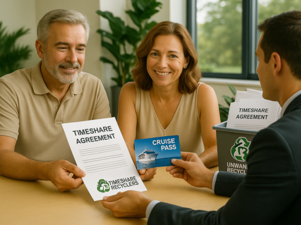 Photo of a smiling couple sitting across from a Timeshare Recyclers representative, handing over their timeshare contract while receiving a cruise ticket. A recycling bin labeled “Unwanted Timeshares” sits nearby, symbolizing turning burdens into new travel opportunities.