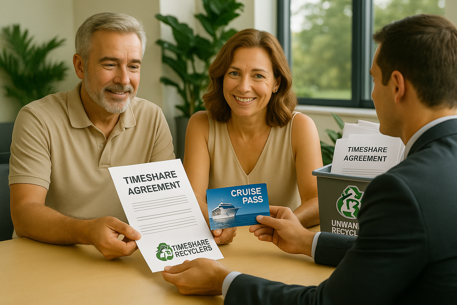 Photo of a smiling couple sitting across from a Timeshare Recyclers representative, handing over their timeshare contract while receiving a cruise ticket. A recycling bin labeled “Unwanted Timeshares” sits nearby, symbolizing turning burdens into new travel opportunities.