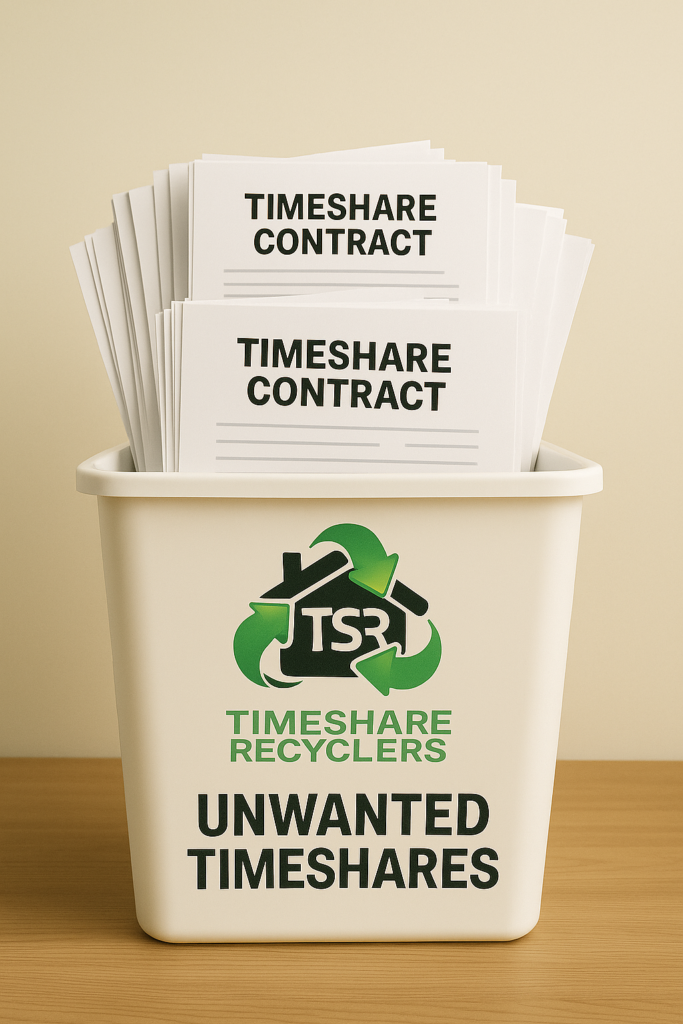 Photo of a white recycling bin labeled with the Timeshare Recyclers logo and the words “Unwanted Timeshares.” The bin is filled with stacked timeshare contracts, symbolizing the process of responsibly exiting and recycling unwanted timeshares.