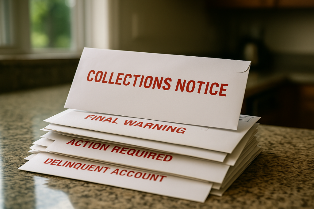 Stack of urgent mail on a kitchen counter, including envelopes labeled “COLLECTIONS NOTICE,” “FINAL WARNING,” and “DELINQUENT ACCOUNT,” symbolizing escalating timeshare debt and the risk of foreclosure.