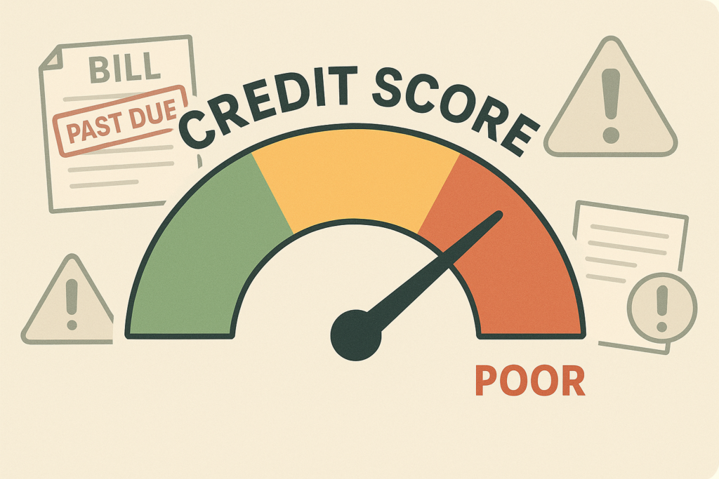 Illustration of a credit score gauge with the needle pointing into the red “Poor” zone, symbolizing the potential credit damage caused by timeshare foreclosure or unpaid maintenance fees.