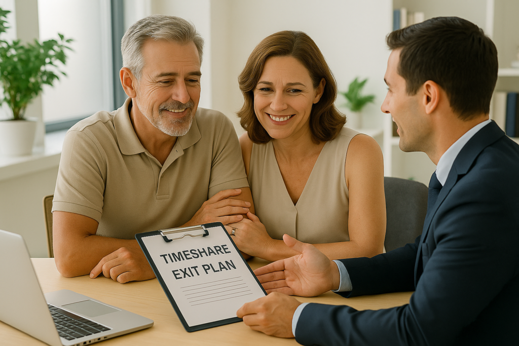 Photo of a middle-aged couple meeting with a professional advisor in a bright office, reviewing a document labeled “Timeshare Exit Plan.” The couple looks relieved and hopeful, symbolizing a safe and legal alternative to foreclosure.