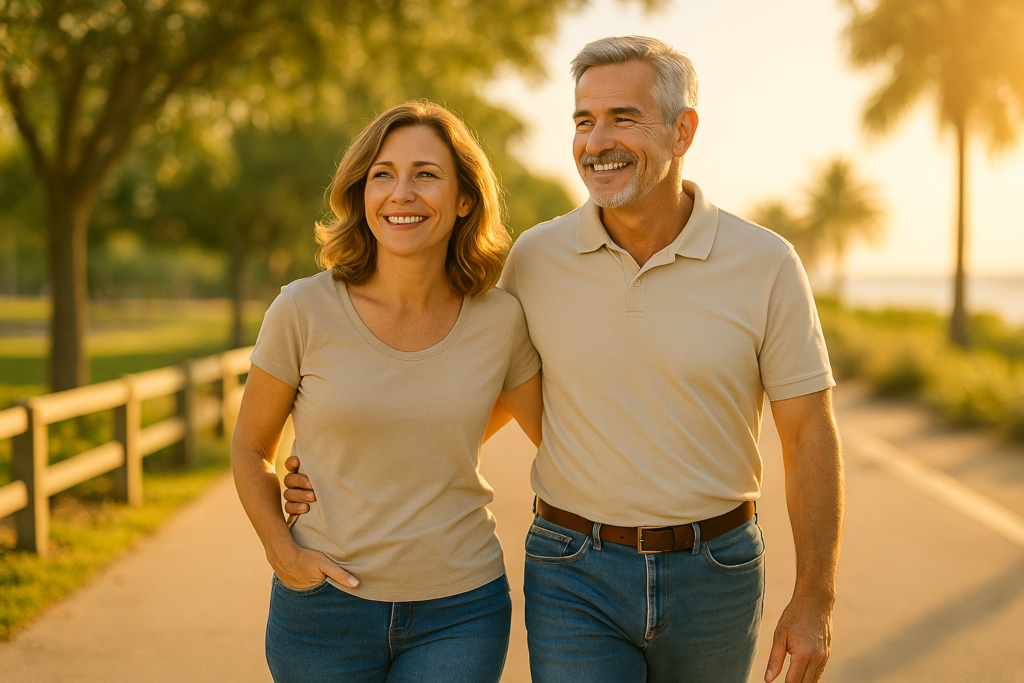 Photo of a middle-aged couple walking together outdoors in warm sunlight, smiling and looking relieved. The image symbolizes hope, freedom, and peace of mind after successfully avoiding timeshare foreclosure.