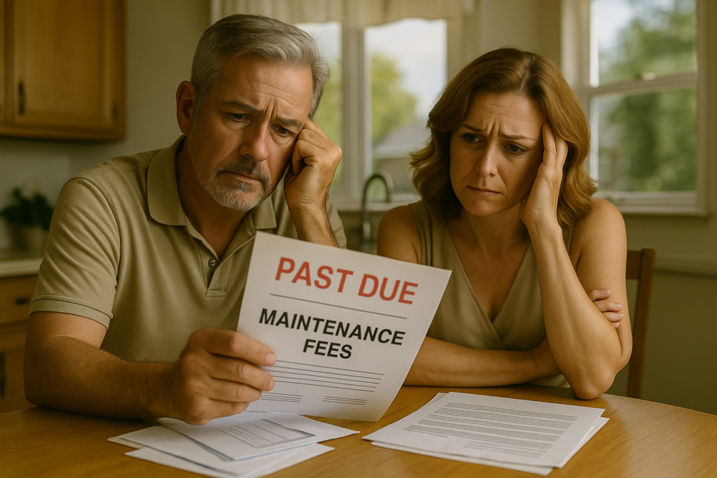 Middle-aged couple sitting at their kitchen table looking worried while holding an overdue bill stamped “PAST DUE” and “FORECLOSURE.” Envelopes and paperwork are spread across the table, capturing the stress of mounting timeshare debt.