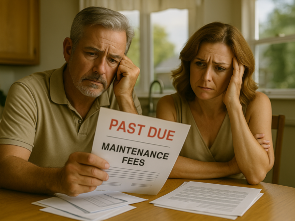 Middle-aged couple sitting at their kitchen table looking worried while holding an overdue bill stamped “PAST DUE” and “FORECLOSURE.” Envelopes and paperwork are spread across the table, capturing the stress of mounting timeshare debt.